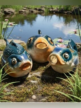 Vintage Kitschy Koi ceramic teapot creamer sugar set, Japan MCM Retro RARE
